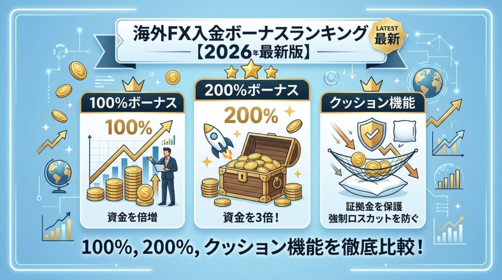 海外FX入金ボーナスランキング【2026年最新版】100%・200%・クッション機能を徹底比較!